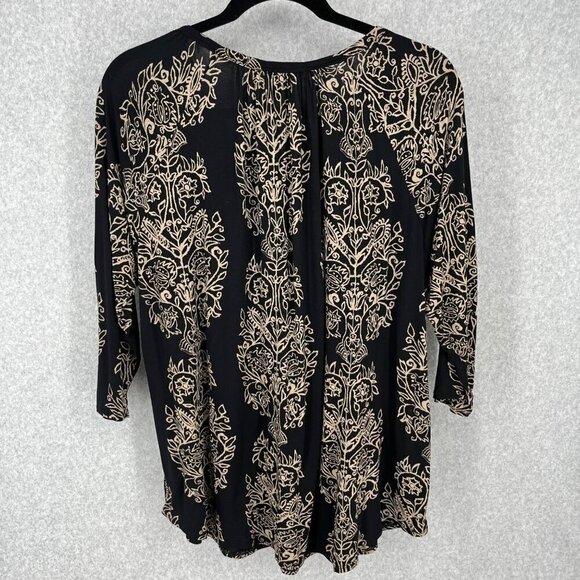 Lucky Brand Boho Tunic Top Blouse Size 3X Black Tan Paisley Print Stretch EUC - Picture 3 of 11